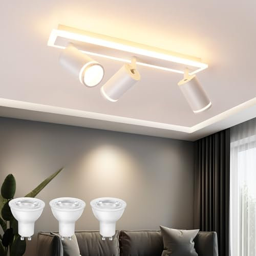 URing Lámpara de Techo 3 Focos Orientable Blanco, Moderno Plafones de Techo con Luz Inferior 10W+ 3x5W GU10, Blanco Cálido 3000K, Foco de techo LED Para Cocina, Sala de estar, Dormitorio