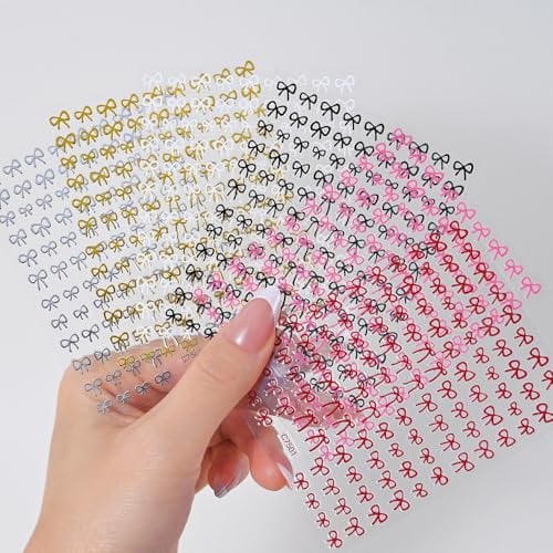 Bow Tie Nail Stickers,12 Sheets Bow Nail Art Stickers Self-Adhesive,Gold Silver Black Pink Red Nail Supplies Decorations for Nail Art Design Accessories