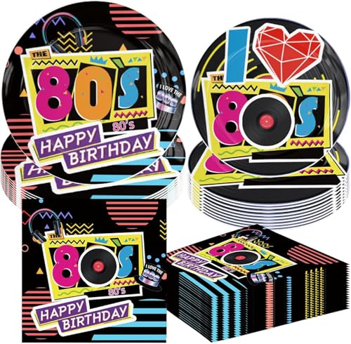 Kailinst 60Pcs Retro 80s Party Decorations Tableware I Love 80's Birthday Paper Plates and Napkins Set Back to 80s Theme Event Celebration Disposable Dinnerware Table Decor Supplies