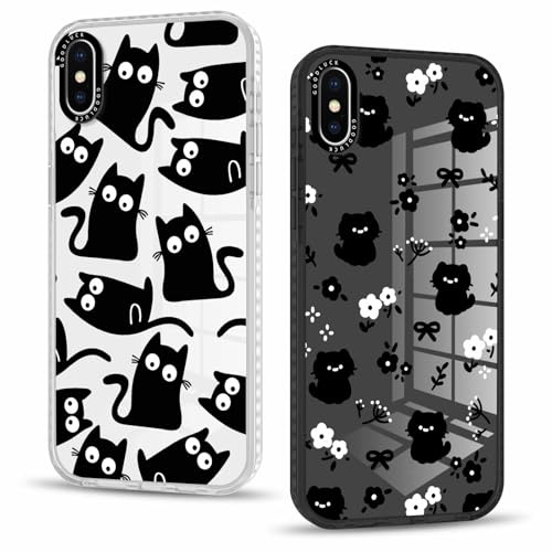 Phoona 2 Stück Handyhülle für iPhone X Hülle 5,8'', Aesthetic Katze Muster Design Weiche TPU Ultra Dünn Transparent Schwarz Silikon Schutzhülle Kratzfeste Stoßfest Bumper Case für Mädchen, 02