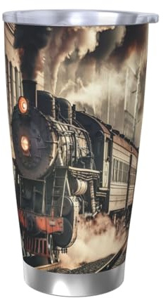 Retro Steam Train 20oz (550ml) Tumbler with Lid, Train Pattern Insulated Stainless Steel Coffee Mug Double Walled Vacuum Travel Cup Gifts for Women & Men