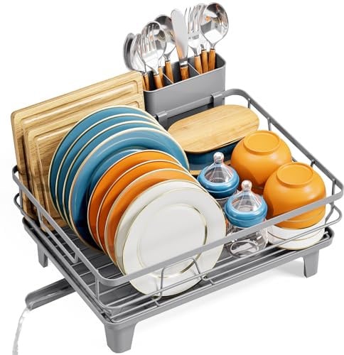 Urackify Dish Drainer Rack, Dish Rack for Kitchen Counter, Drainer Board Rack, Steel Kitchen Sink Drainer Rack with Drainboard, Efficient Drainage, Dish Rack Drainers with Utensil Holder, Grey