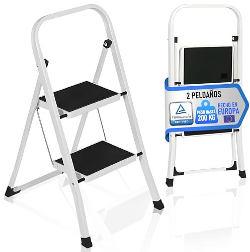 Escalera Plegable 4 Peldaños con Estructura de Acero y Peldaño Antideslizante | Taburete Portátil de Tijera | Escaleras Plegables Domésticas - Step Ladder para Hogar, Oficina y Cocina (2 Peldaños)