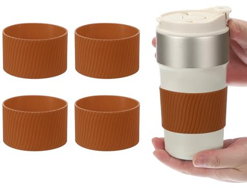 sourcing map 4Pack Coffee Cup Sleeves, Reusable Silicone Heat Resistant Cup Protective Sleeve Nonslip Mug Protector Cover for Home Travel Coffee Mug Glasses Water Bottle Boots, Brown