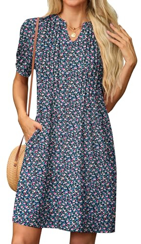 GRECERELLE Womens Dresses Summer Casual Short Sleeve V Neck Shift Dress for Women Ladies T Shirt Dress with Pockets (Rose Pink Flower, L)
