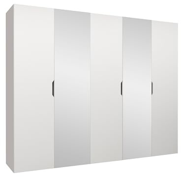 Mirjan24 Kleiderschrank mit Spiegel, Einlegeböden und Kleiderstange Midere 250, Vielseitiger Drehtürenschrank, Elegantes Kleiderschrank 5-türig (Weiß)