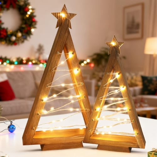 Weihnachtsdeko LED Weihnachtsbaum Holz mit Stern, 2 Stück Weihnachtsbaum Beleuchtet mit LED Lichterkette, Weihnachtsdeko Innen, Holz Weihnachtsbäume Weihnachtsbeleuchtung, Tischdeko Weihnachten Deko
