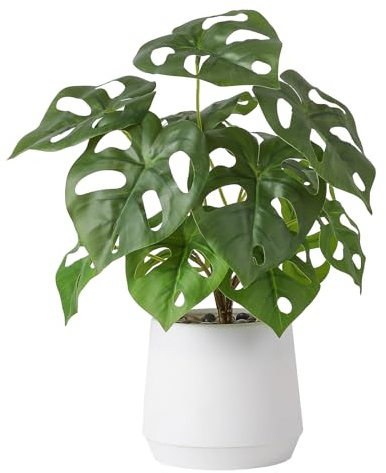 Nubry Artificial Plant in White Pot, 14 Fake Potted Monstera with Decorative Stones, Faux Green Plant for Living Room Office Home Decor (Monstera, White)