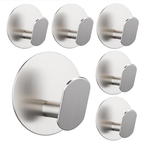 Adurei 6 Pièces Crochet Adhesif Mural Rond Porte Manteau Mural Sans Percage Acier Inoxydable Porte Serviette Salle de Bain Accroche Torchon Cuisin Crochet Adhesif Serviette, Argent