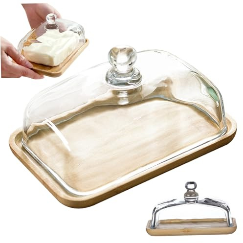 Beurrier en verre avec couvercle 7x4 pouces Beurrier carré transparent multifonctionnel avec couvercle et plateau en bambou pour comptoir de réfrigérateur en verre avec avec