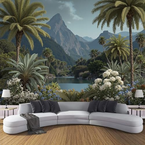 Fototapete 450x315cm, Retro Jungle Seide Tapeten Palm Tree Lake XXL Moderne Wandtapete Wand Dekoration für Wohnzimmer Schlafzimmer, Olivgrün