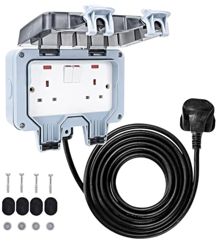 Weatherproof Outdoor Socket Waterproof Double Socket 5M Extension Lead IP66 Switched Wall Electrical Outlet 2 Gang Power Socket,Garden Outside Plug Sockets Cover Box (15m)