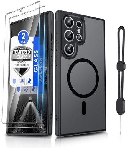 Dizn for Samsung Galaxy S24 Ultra Magnetic Case: [NOT FIT S24], 2 Tempered Glass Screen Protector, Phone Lanyard, Fit for MagSafe,Camera Bumper Protection, MatteTranslucent, Cover for S 24 Ultra,Black