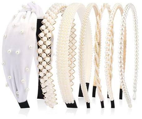 VelvetGlow 7Pcs Stirnbänder für Damen, verschiedene modische Perlen-Stirnbänder mit Knoten, einfarbige Perlen Stirnbänder, rutschfeste, schmale Haarbänder für Damen und Mädchen