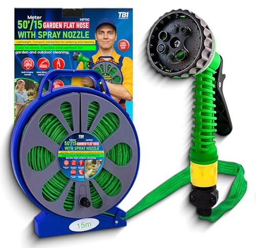 TB1 50ft / 15m Flat Garden Hose Reel with 7 Function Spray Nozzle – Compact Hose Pipe with Easy Wind Reel, Garden Hose for Watering, Patio Cleaning, Car Wash & Outdoor Tap Use