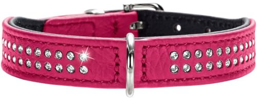HUNTER DIAMOND PETIT Halsband für kleine Hunde, Leder, mit Strasssteinchen, 30 (XS), pink/schwarz