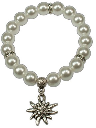 Heimatflüstern Trachtenarmband Perlen & Strass-Edelweiß klein - Damen Trachten-Armkette, Perlenarmband elastisch, Armband zum Oktoberfest Dirndl-Schmuck (creme-weiß)