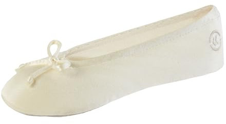 Isotoner Women's Satin Ballerina Slippers, Cream Soft Tie Bow, 4.5/5.5 UK