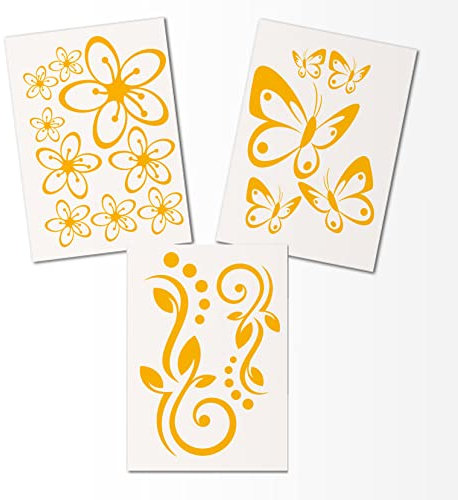 Hibiskus Schmetterling Blüten Ornament SET I - gelb - 30x21cm - Wall Sticker Wandtattoo Wandaufkleber - Dekoration, Küche, Wohnzimmer, Schlafzimmer, Badezimmer