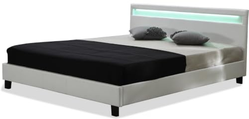Habitat et Jardin - Lit Double Maria en Simili Blanc avec LED Intégrées 140 x 190 cm | Cadre de Lit 2 Places Design | Sommier à Lattes Inclus