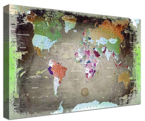 Stilvolle Pinnwand Weltkarte - Bunt Dark - Deutsch in 150 x 100 cm, stabile Rückwand zum Pinnen inkl. Starterkit - Leinwand-Kunstdruck Wandbild Landkarte XXL