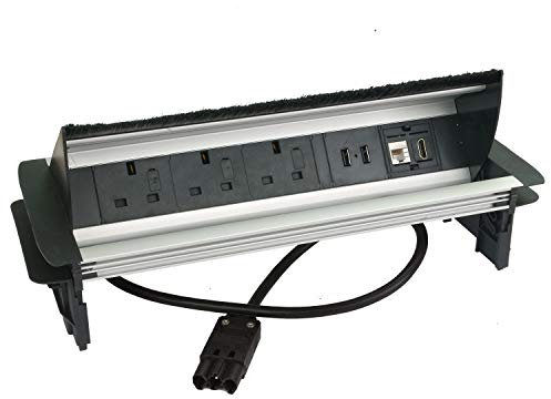 Allcam DPF44-series Flip-up Desktop Power 3 Individually fused Socket + 1 x USB-A + 1 x USB-C + RJ45 + High Definition AV with 0.5m Office Link male cable + 2m Starter Lead