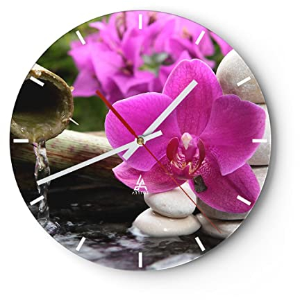 Modern Wanduhr Orchidee Bambus Dekoration Spa 30x30cm Rund Klein Wand Uhr Glas Analog Zimmeruhren Küche Büro Wohnzimmer Glasuhr Wall Clock Dekoration Design Wanddekoration Küchenuhr C3AR30x30-2666