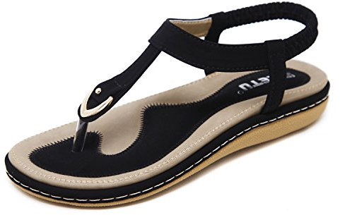 CARETOO Sandales Femme Plates Été Bohème PU Tongs Élégant Confortable Plage Sandales Souple Pantoufles (Noir, 38)