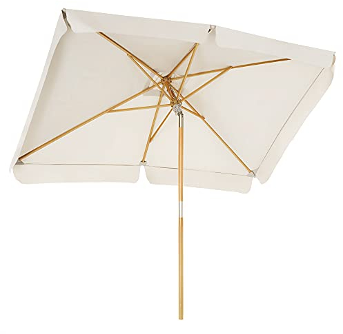 SONGMICS Parasol de balcón de 3 x 2 m, Sombrilla Rectangular, Mástil y Varillas de Madera, Inclinable, Base no incluida, para Patio, jardín y terraza, Beige GPU300M01