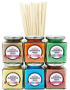 Candy Floss Sugar 6 x 175 g in Glass for Candy Floss Machine Including 50 Candy Floss Sticks Colourful Premium Flavoured Sugar