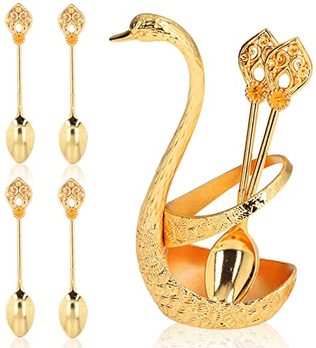 6Pcs Coffee Dessert Spoon Set,Swan Spoon Set,Fruit/Dessert Flatware Swan Base Holder Spoon Organizer with 6pcs Dessert Spoon,Mini Teaspoons for Coffee Sugar Cake Ice Cream Cappuccino