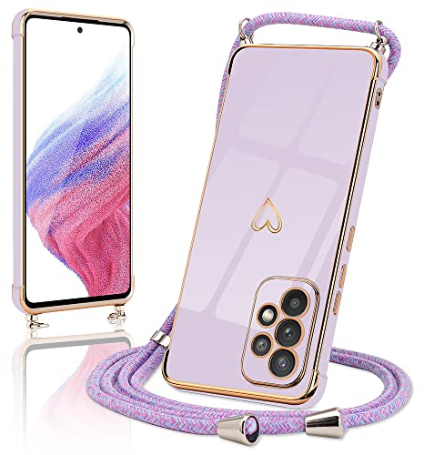 Micoden Handykette kompatibel mit Samsung Galaxy A53 5G hülle Ultra dünn Kameraschutz Herz Love Design Galvanik TPU Silikon Bumper Kordel zum Umhängen Handyhülle mit Band Schutzhülle,Lila