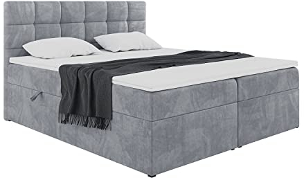 MEBLINI Boxspringbett mit Bettkasten - Gepolstert Doppelbett mit Matratze und Topper - Polsterbett mit Stauraum - Bett mit Kopfteil - Stauraumbett - TAPO 2-140x200 - H3/Grau Samt