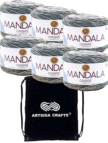 Lion Brand Mandala Ombre Cool 551-201 (6 Knäuel – gleiche Farbstofflose) Kammgarn, mittelgroß, #4, Acrylgarn zum Häkeln und Stricken, mit Projekttasche