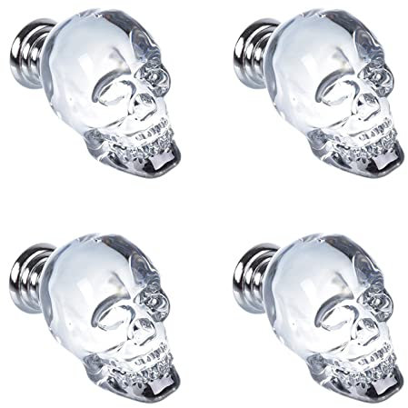 4 pièces Poignée en verre cristal clair tête de mort, Poignée porte tiroir de cuisine, Quincaillerie poignée de placard, pour meubles de chambre à coucher, armoire de chevet, commode (transparent)