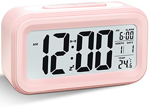 Larkumio Reveil Matin Numerique Lumineux LED Digital a Piles Silencieux Aalarm Clock de Voyage avec Gros Chiffres pour Enfant Fille Garcon Ado Adultes, Réveils avec Date Snooze, Rose