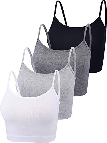 Bauchfreies Top für Damen, Tanktop mit Spaghetti-Trägern, Basic-Sport, bauchfreies Top, halb Mieder für Teenager-Mädchen, 4 Stück, Schwarz, Weiß, Dunkelgrau, Hellgrau, X-Groß