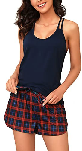 iClosam Pyjama Femme en Coton ete Ensemble de Pyjama à Carreaux VêTements de Nuit Court Doux Respirant Vêtements de Détente 2 Pièces sans Manches Confortable