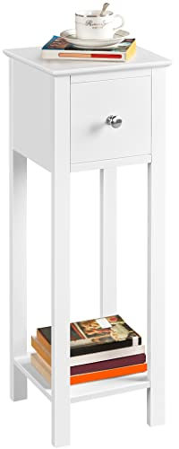 Yaheetech Wooden Slim Bedside Table Narrow Nightstand Side Table with Drawer and Shelf, Tall Telephone Bedside Cabinets for Bedroom Small Spaces Living Room, Accent Furniture, White, 25x25x70cm