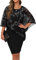 QIXING Womens Summer Casual Dress Loose Batwing Sleeve Crew Neck Chiffon Cape Elegant Midi Cocktail Pencil Dresses for Women UK for Funeral Party Wedding (FP White Leaf-Black, L)