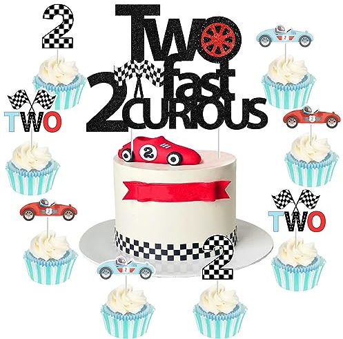 Sursurprise Zwei Schnelle Neugierige Geburtstag Dekorationen, 25Pcs Kuchen Topper Vintage Race Car Cupcake Topper für Boy 2nd Birthday Let's Go Racing Party Supplies