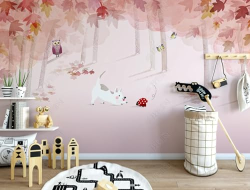 Fototapete 3D Effekt 3D Tapete Handgezeichnete Rosa Waldtiere Fototapete Wandgemälde Vlies Wohnzimmer Schlafzimmer Flur Wanddekoration 450(W) X315(H) Cm