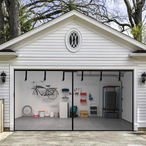 HBlife Garage Screen Doors for 2 Car Garage,16x8FT Fiberglass Magnetic Garage Door Screen, Hands Free Retractable Garage Net Screen Door Mesh with 6 Roll Up Starps and 30 Magnets for Patio, Gym, Porch