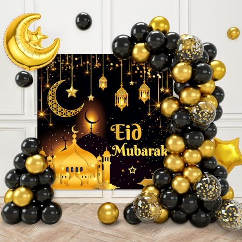 Schwarz Gold Eid Mubarak Ballons Set, Eid Mubarak Dekoration - 70 Stück Schwarz-Gold Ballons und 'Eid Mubarak' Hintergrund Banner, Ramadan ballons für Ramadan Dekoration 2024 und Eid Mubarak Feier