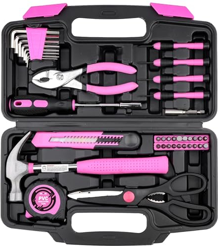 DOWELL 40 Stück Heimwerkzeugsatz Allgemeines Haushaltshand-Pink-Werkzeugset mit Kunststoff-Werkzeugkasten Aufbewahrungskoffer für Zuhause, Mini-Werkzeugsatz für Frauen