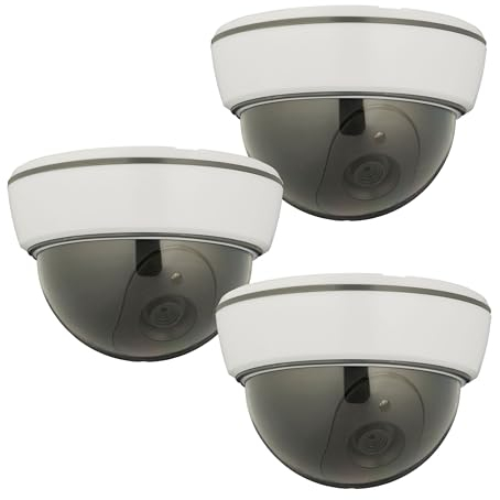 Relaxdays Juego Cámara Seguridad Falsa, Set 3, LED Intermitente, Exterior/Interior, a Pilas, Videovigilancia Mentira, Blanco, 8,5 x 12,5 cm