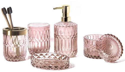 EMPO 6-teiliges Badezimmer-Zubehör-Set aus klarem Glas (Lotion-Seifenspender, Seifenschale, Zahnbürstenhalter, Becher, Wattestäbchen-Glas), Moderne Dekoration, Kristall-Vintage-Geschenk (Hellrosa)