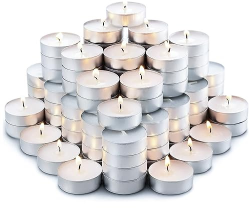 Lot de 100 bougies chauffe-plat non parfumées 4 heures de combustion, sans fumée, sans goutte, cire blanche dans des tasses en aluminium, idéales pour les mariages, les fêtes, la maison, le spa, les