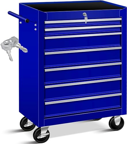 MASKO® Werkstattwagen - 7 Schubladen, blau | Abschließbar | Massives Metall | Werkzeug-Wagen | Profi Werkstatt-Wagen | Rollwagen Werkzeugaufbewahrung | Schubfächer mit Kugelgelagerte Schienen
