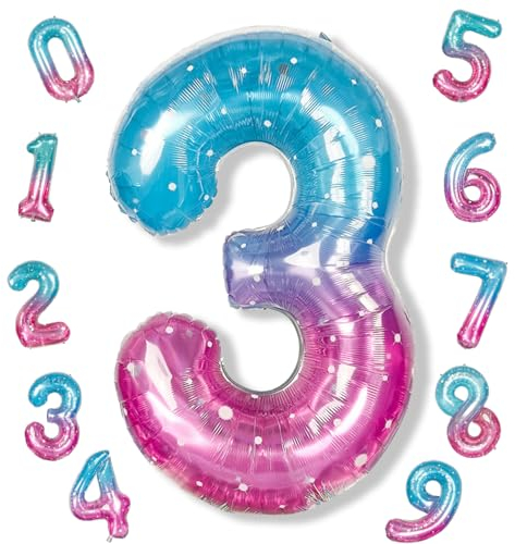 101cm Meerjungfrau Bunt Luftballon Zahl 3, 40 Groß Lila Türkis Folienballon Zahlen 3, Zahlenballon 3. Geburtstag für Mädchen, Regenbogen Nummer 3 Helium Ballon zum Geburtstagsdeko Jubiläum Party Deko